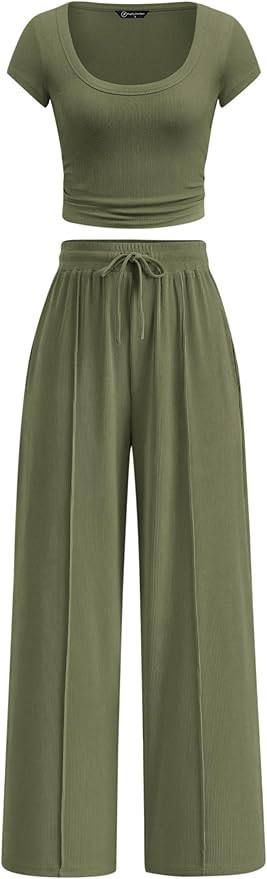 PRETTYGARDEN Women's 2 Piece Matching Lounge Sets Ribbed Short Sleeve Crop Tops Wide Leg Pants 20... | Amazon (US)