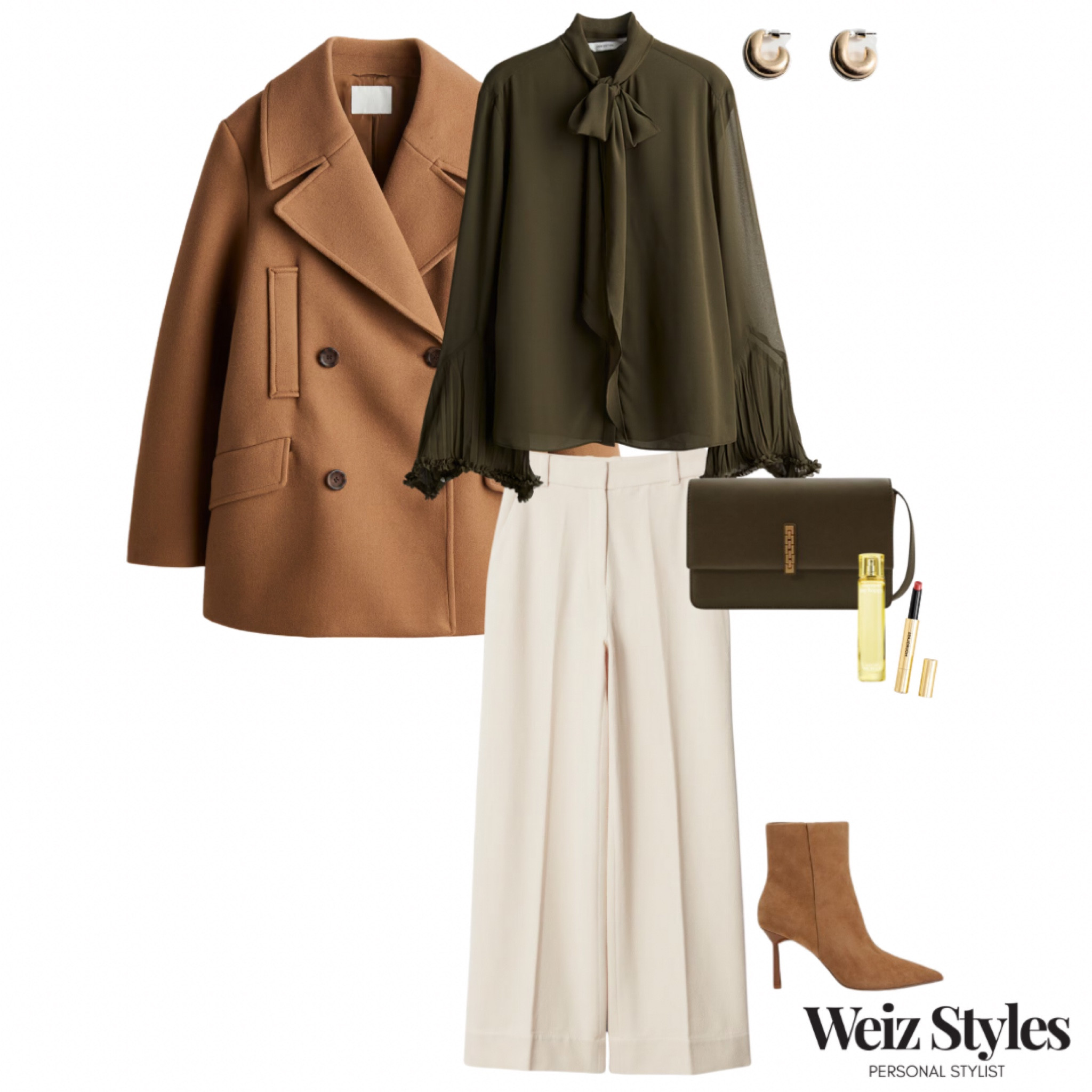 A refined and feminine ensemble in a rich, earthy colour palette, perfectly capturing the essence of the Autumn season🍂This versatile look effortlessly transitions from the workplace to social events, ensuring style and elegance for any occasion ✨

Head to www.weizstyles.com to find out how I can help you on your style journey 💖

Louise x

Personal stylist, styling, ootd, neutral aesthetic, London, Weiz styles, shopping, outfit of the day, uk, confident, handbag, bag, perfume, fragrance, lipstick, lip, elevate your style, feel good, flat lay, shopping, high street, designer, ltk, autumn, autumnal, wide leg trousers, texture, and other stories, cream, green, Khaki, brown, harmonious, sophisticated, elegant, chic, classic,
Womenswear, elevated, suede boots, heels, heeled, brown wool coat, sheer blouse, mango, H&M, frills, romantic, trendy, elevated, high street style, gold earrings, cross body bag, net a porter, chic, fabulous, fab, lipgloss, pink, John Lewis, M&S 

#LTKstyletip #LTKuk #LTKautumn
