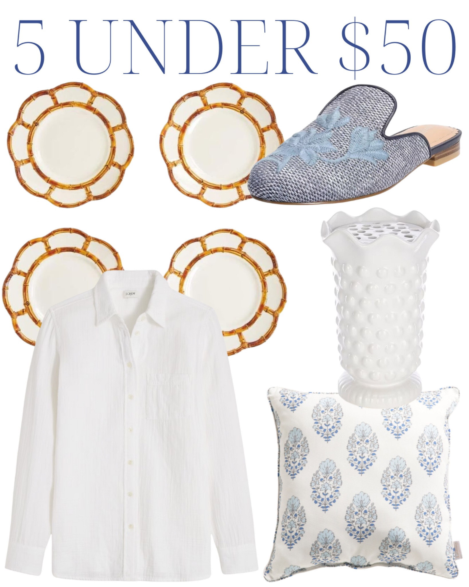 gauze button-up shirt, beach shirt, swim coverup, bamboo plates, outdoor dining, melamine plates, woven slides, raffia sandals, vase, outdoor pillows, block print pillows, preppy style, preppy outfit, classic style, OOTD, spring style, spring entertaining, spring decor, grandmillennial home, grandmillennial style, white blouse, blue and white, living room, dining room

#LTKSeasonal #LTKfindsunder50 #LTKstyletip