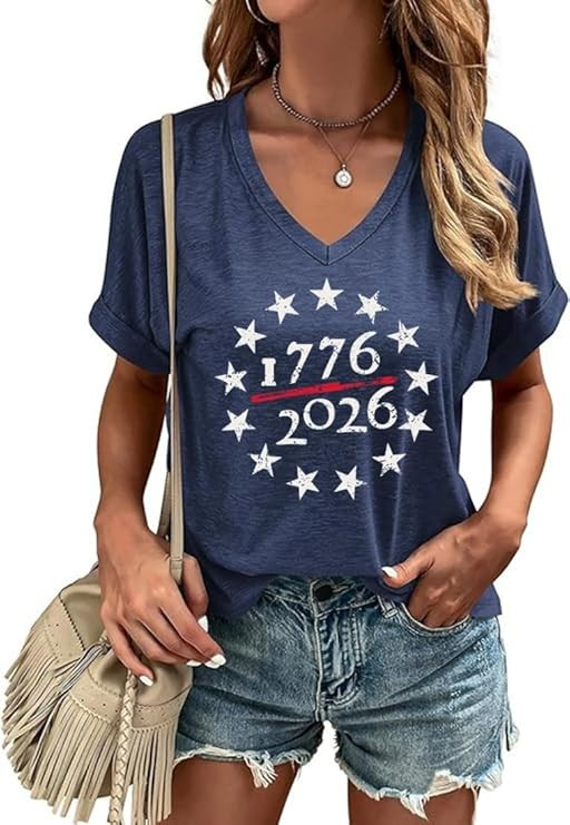4th of July Patriotic V Neck Shirt for Women Funny American Flag Graphic Tee Summer Short Sleeve ... | Amazon (US)
