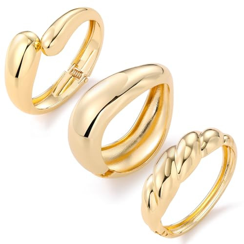 IFKM 3pcs Chunky Gold Bangle Bracelet For Women 14k Gold Plated Trendy Wide Hinged Cuff Open Brac... | Amazon (US)