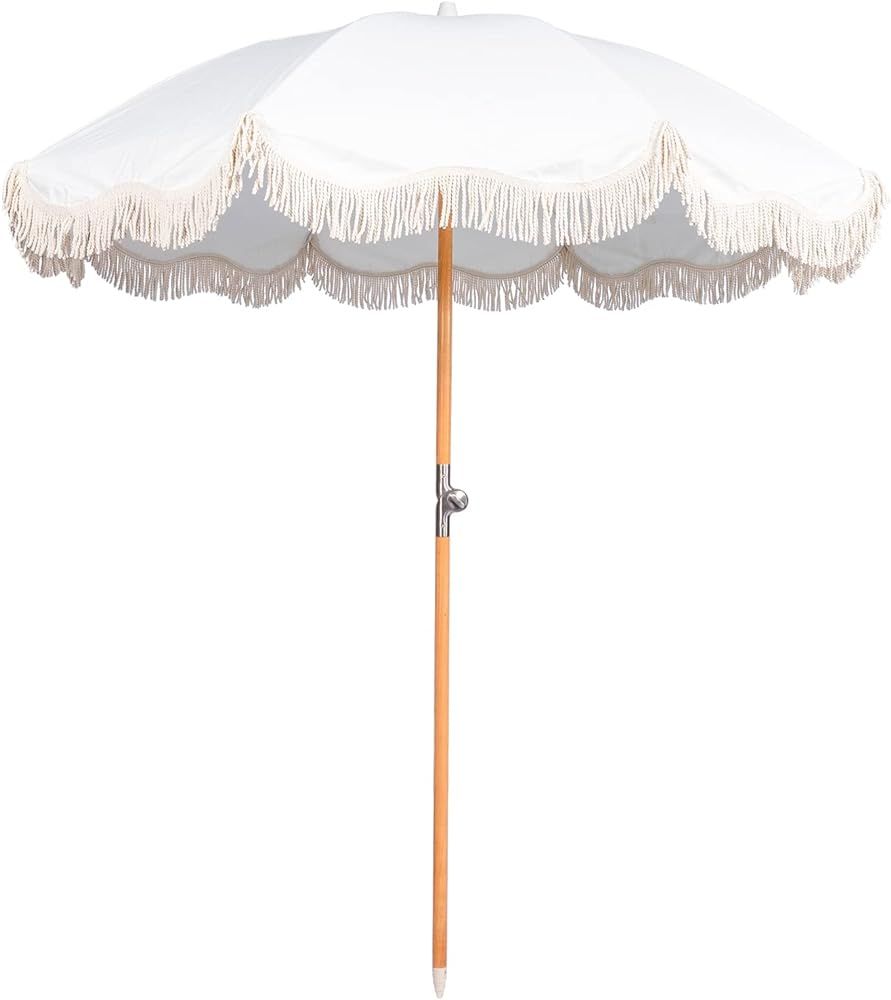 6.5ft Boho Beach Umbrella with Fringe, UPF 50+ Tassel Umbrellas with Carry Bag, Premium Wood Pole... | Amazon (US)