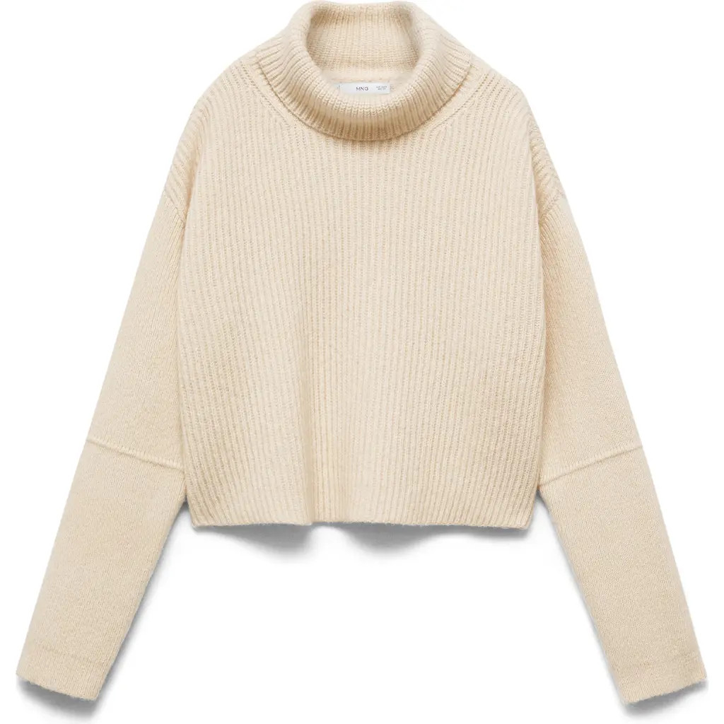 MANGO Tappeito Turtleneck Cotton & Wool Rib Sweater in Ecru at Nordstrom, Size Small | Nordstrom