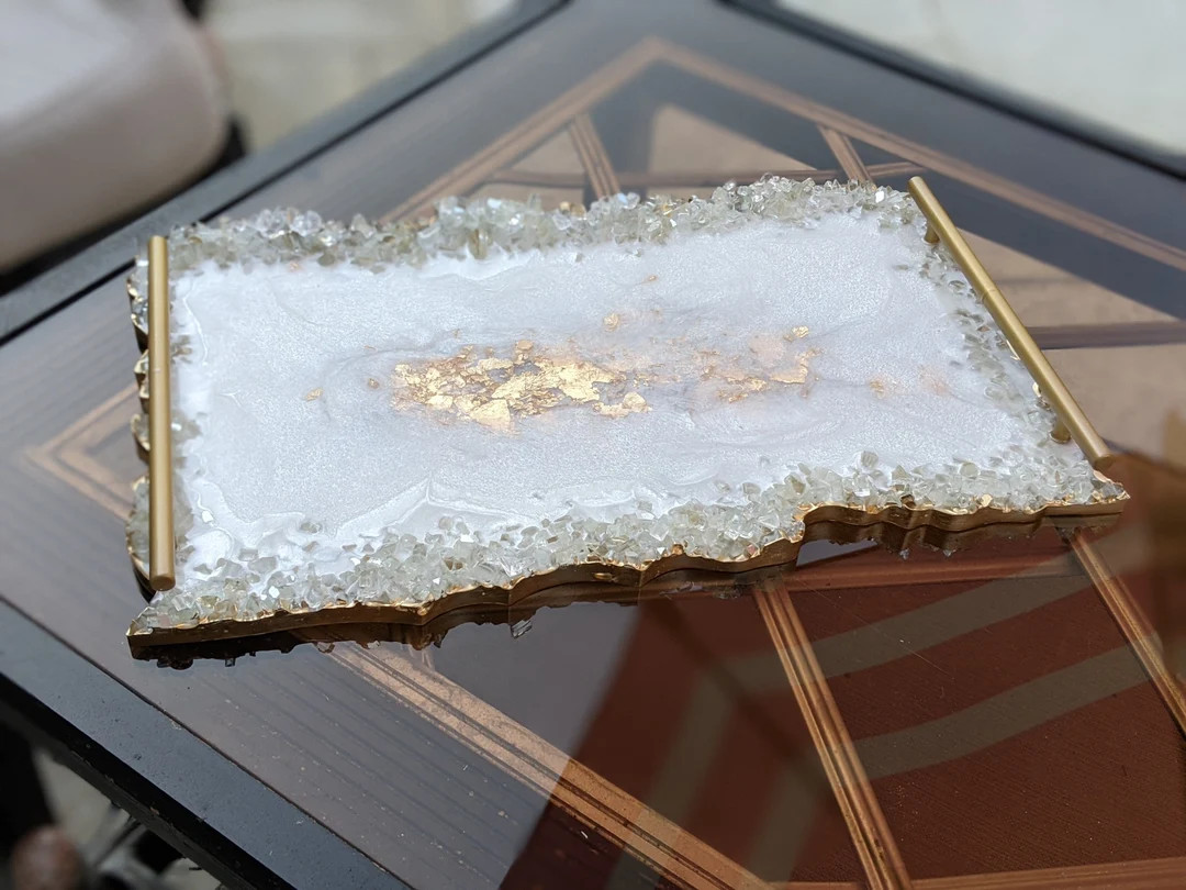 Large tray with crystal glass rim, handmade epoxy resin tray, decorative serving tray with geode ... | Etsy (US)