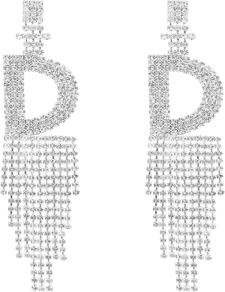 Initial Rhinestone Earrings Sparkle Alphabet Dangle Drop Earrings Clear Crystal Tassel Chandelier... | Amazon (US)