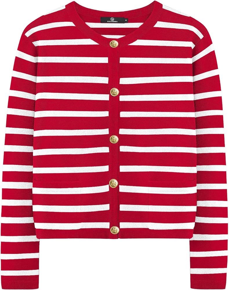 LILLUSORY Women's Crew Neck Gold Buttons Cardigan Sweaters Lady Jacket with Patch Pockets | Amazon (US)