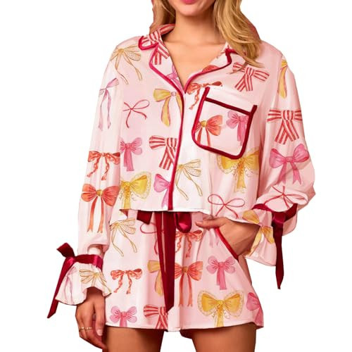 Thopavenoir Women Bow Tie Sleeve Pajamas Set for Valentine's Day Satin Silk 2 Piece Pjs Set Love Heart Printing Shirt Shorts (Pink Bow #H, L) | Amazon (US)