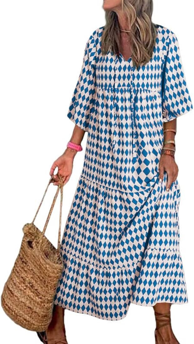 Dokotoo Women Boho Maxi Dresses 2023 V Neck Long Puff Sleeve Smocked Ruffle Flowy Casual Dress | Amazon (US)