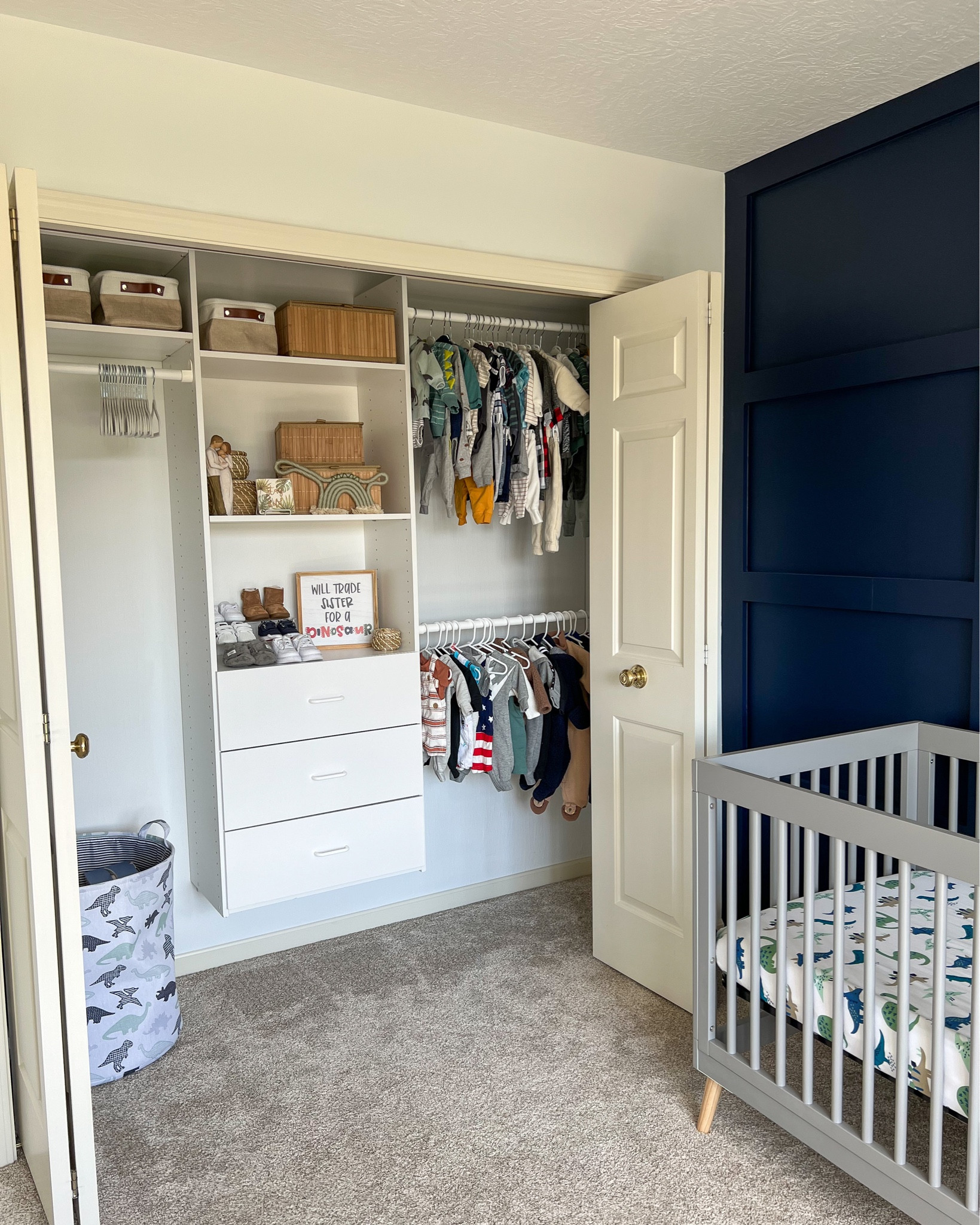 Baby boy nursery closet. Boho dinosaur nursery. Baby room organization. Nursery organization. Nursery closet. Dinosaur theme room. Toddler room. Boy room. 

#LTKhome #LTKbaby #LTKfamily