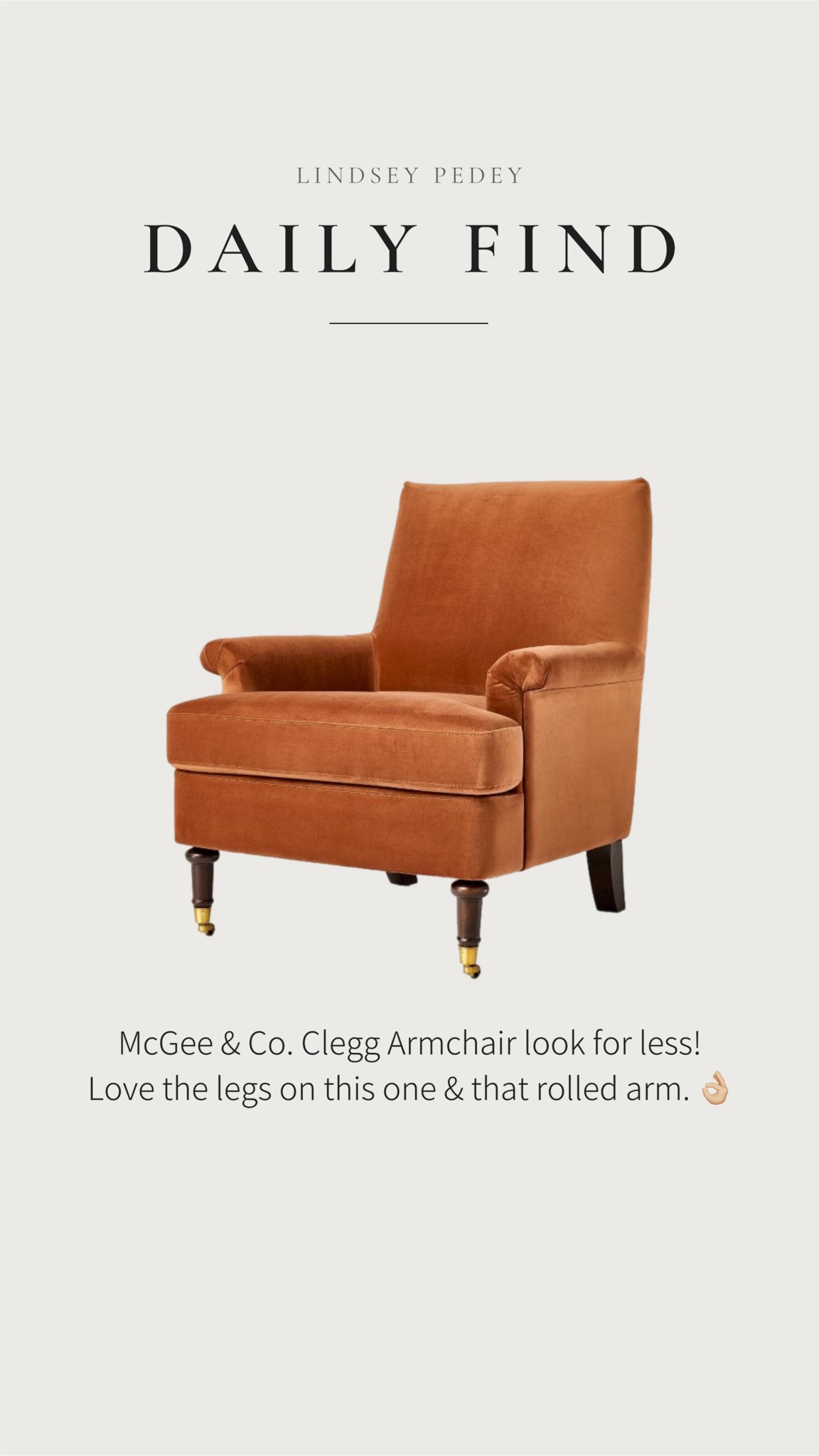 Look for less on the Clegg Armchair from
McGee & Co. use code LINDSEYPEDEY for 10% off the designer version. 

Target, threshold, studio McGee, armchair, accent chair, dupe, deal of the day, designer dupe, look for less 

#LTKHome #LTKStyleTip