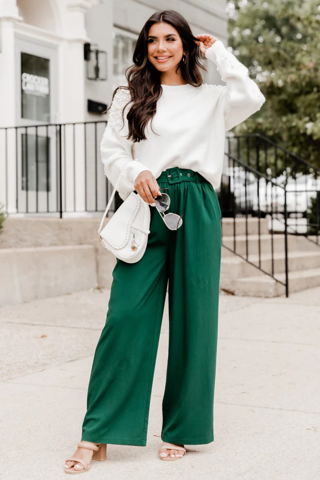 Business As Usual Green Belted Wide Leg Pants | Pink Lily