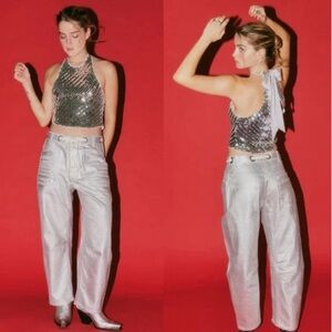 Silver Metalic Free People Moxie Barrel Leg Jeans | Poshmark