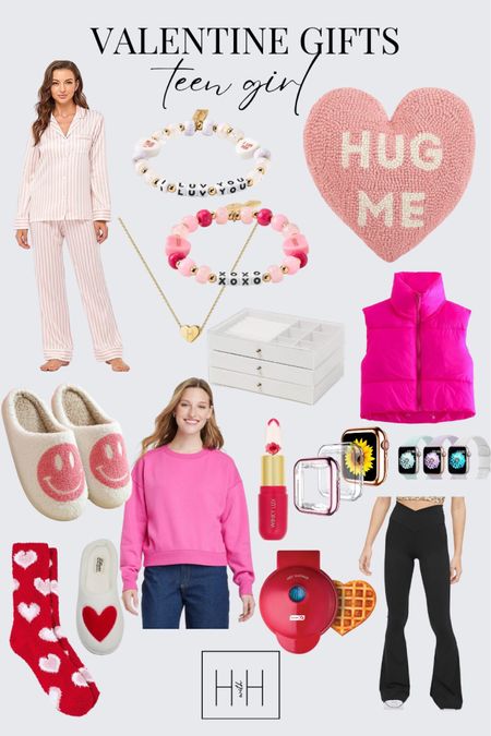 Valentine Gift Ideas, Teen Girl Valentine’s Day Gift Guide, girl gifts, smiley face slippers, cropped puffer vest, hug me pillow, little words project bracelets, beaded word bracelets, acrylic jewelry organizer, dainty gold heart necklace, cozy socks, Valentine socks, hot pink sweatshirt, V-cross high waist leggings with flare leg, Amazon leggings, Apple Watch Sport bands, Apple Watch screen protector case, lux flower lip balm, heart shape mini waffle maker, clog slippers, silk long sleeve pajamas, satin pajama set, pink gifts. 

#LTKSeasonal #LTKGiftGuide #LTKFind