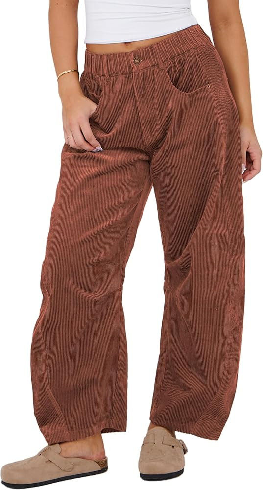 SeekMe Women's Corduroy Pants Barrel Mid-Rise Elastic Waist Cord Pants Casual Wide Leg Baggy Trou... | Amazon (US)