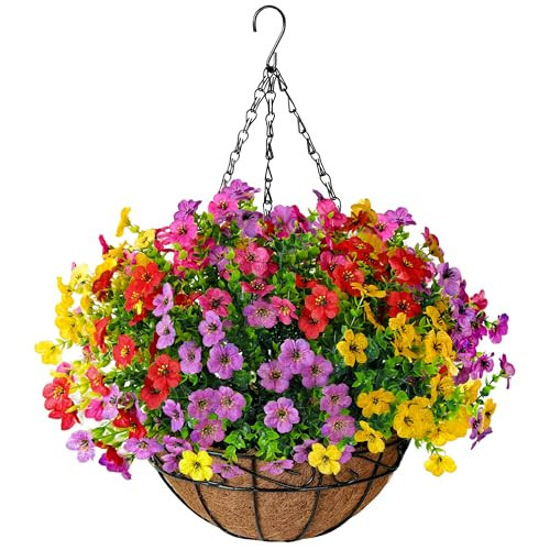 TDHDIKE Artificial Faux Fake Hanging Flowers Plants Basket for Summer Outdoor Outside Decoration UV Resistant Fake Silk Colorful Daisy Eucalyptus for Porch Patio Balcony Yard Garden Home Decor | Amazon (US)