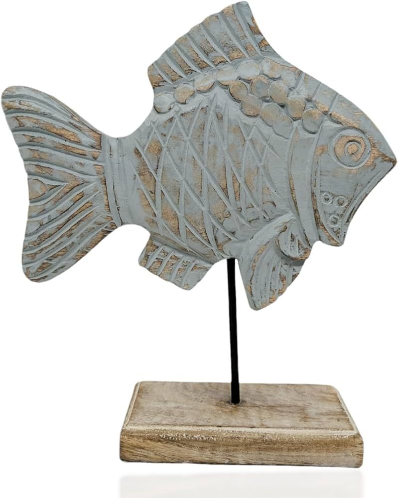 Farmhouse World Wooden Fish Sculpture Home Decor | Fish Statue on Base Stand Coastal Beach House ... | Amazon (US)