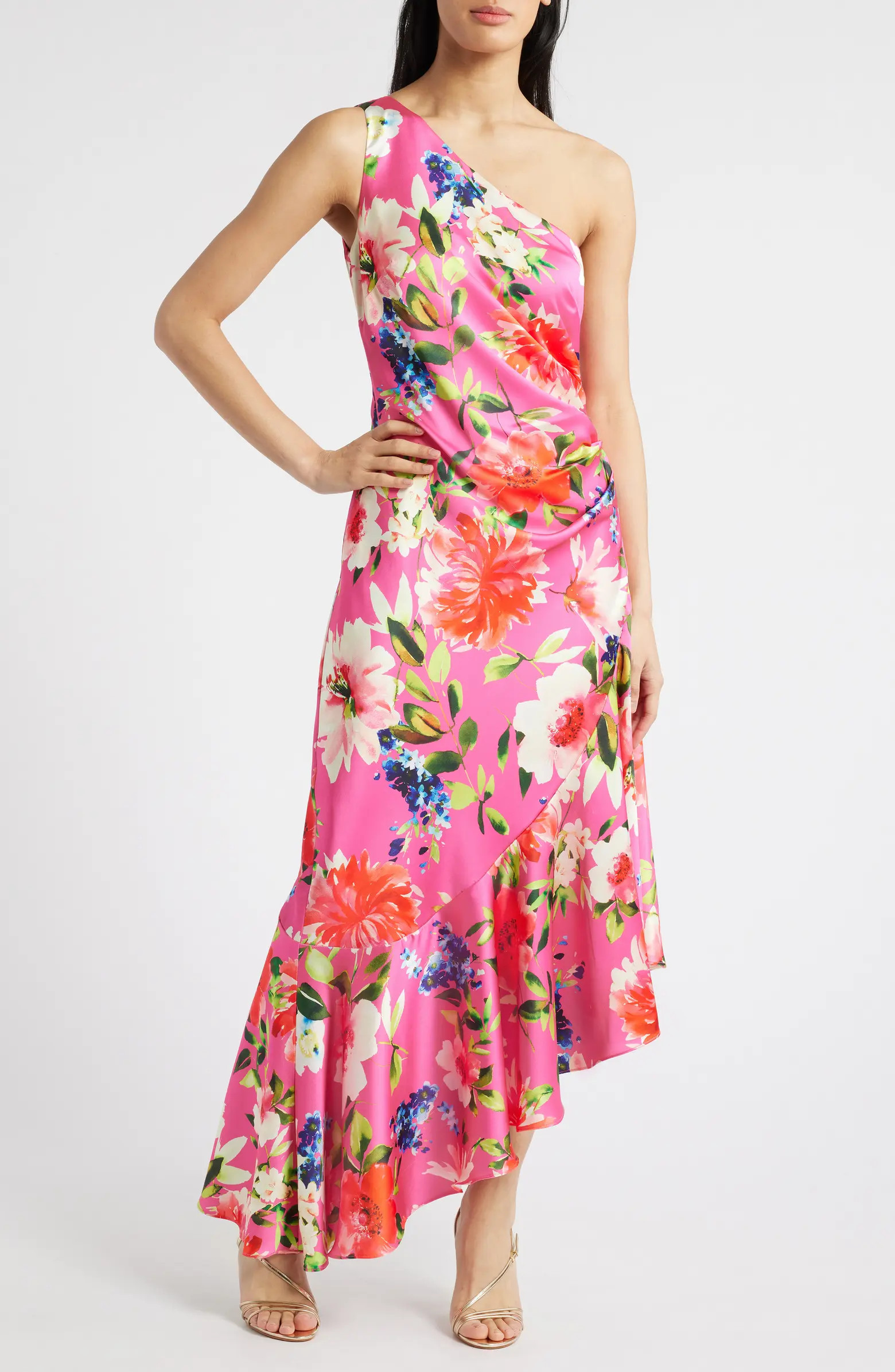 Eliza J One Shoulder Floral Asymmetric Satin Cocktail Dress | Nordstrom | Nordstrom