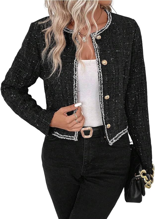 Womens Sequin Cropped Tweed Blazer Open Front Collarless Long Sleeve Work Office Jackets | Amazon (US)