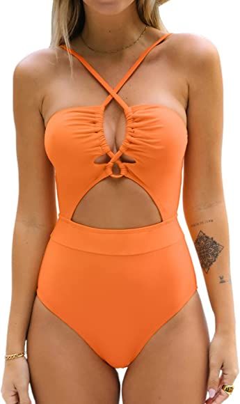 CUPSHE Women's One Piece Swimsuit Plunge Neckline Cutout Criss Cross Bathing Suit | Amazon (US)
