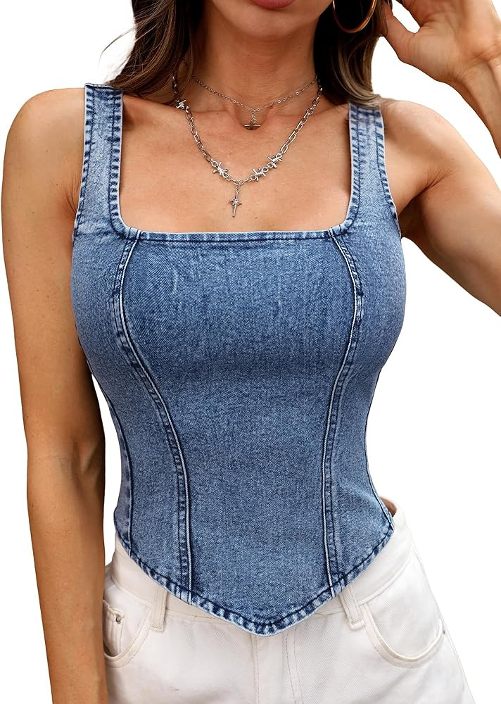 ELLEVEN Women\u2019s Denim Corset Tank Top, High Stretch Sleeveless Jean Vest Top Zip Up Back Y2k... | Amazon (US)
