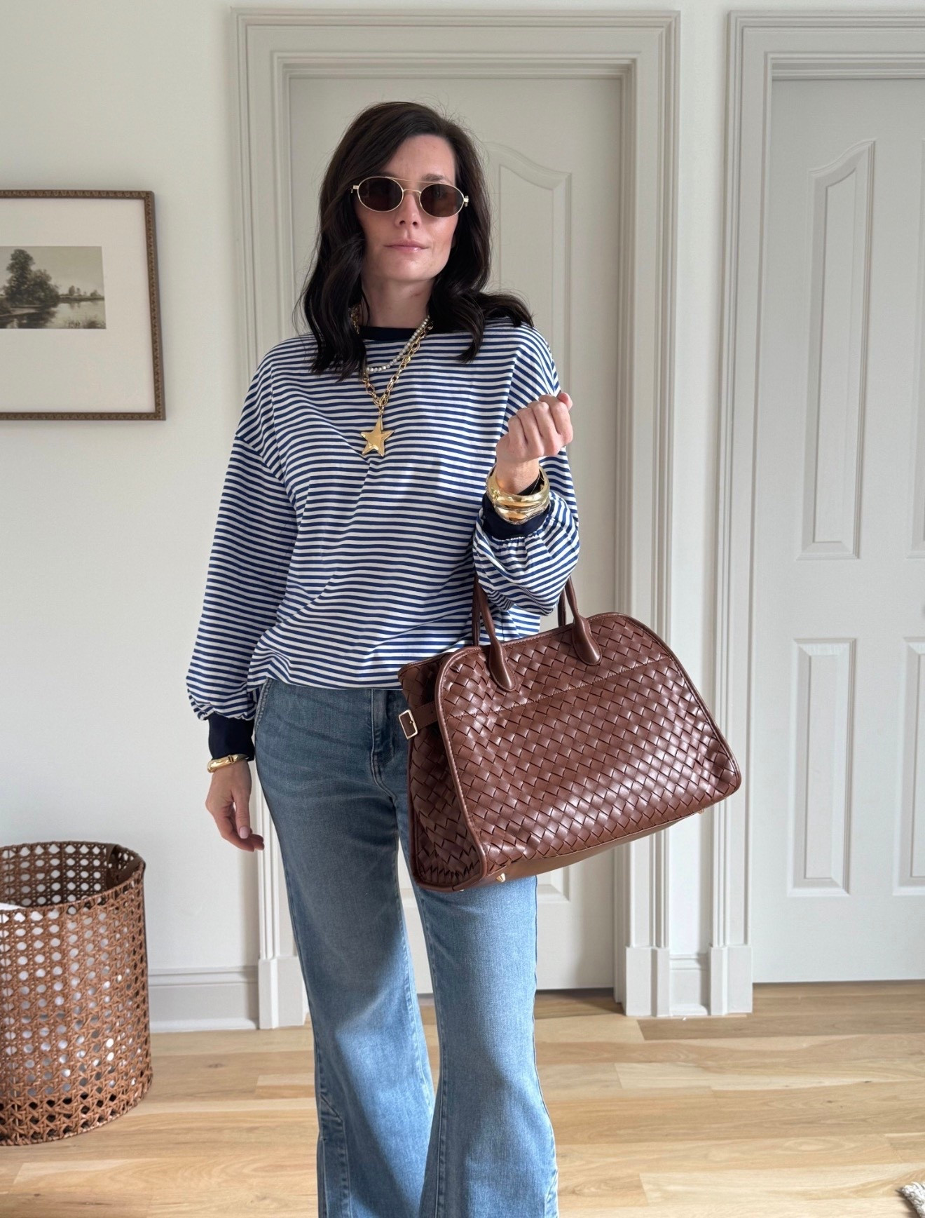 striped sweater, star necklace, brown handbag, denim, ballet flats, chic outfit, casual outfit 

#LTKFindsUnder50 #LTKSeasonal #LTKootd
