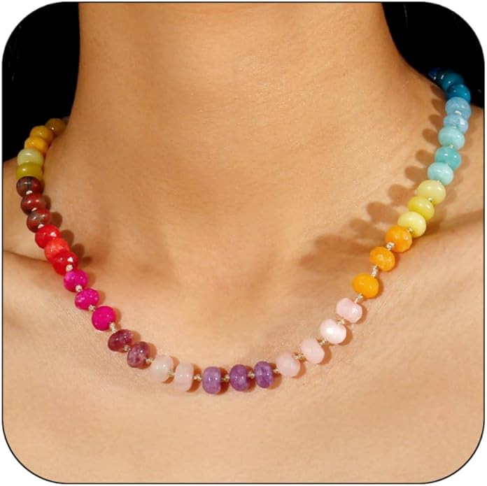Gemstone Beaded Necklace for Women Colorful Natural Stone Freshwater Pearl Surfer Beach Rainbow N... | Amazon (US)