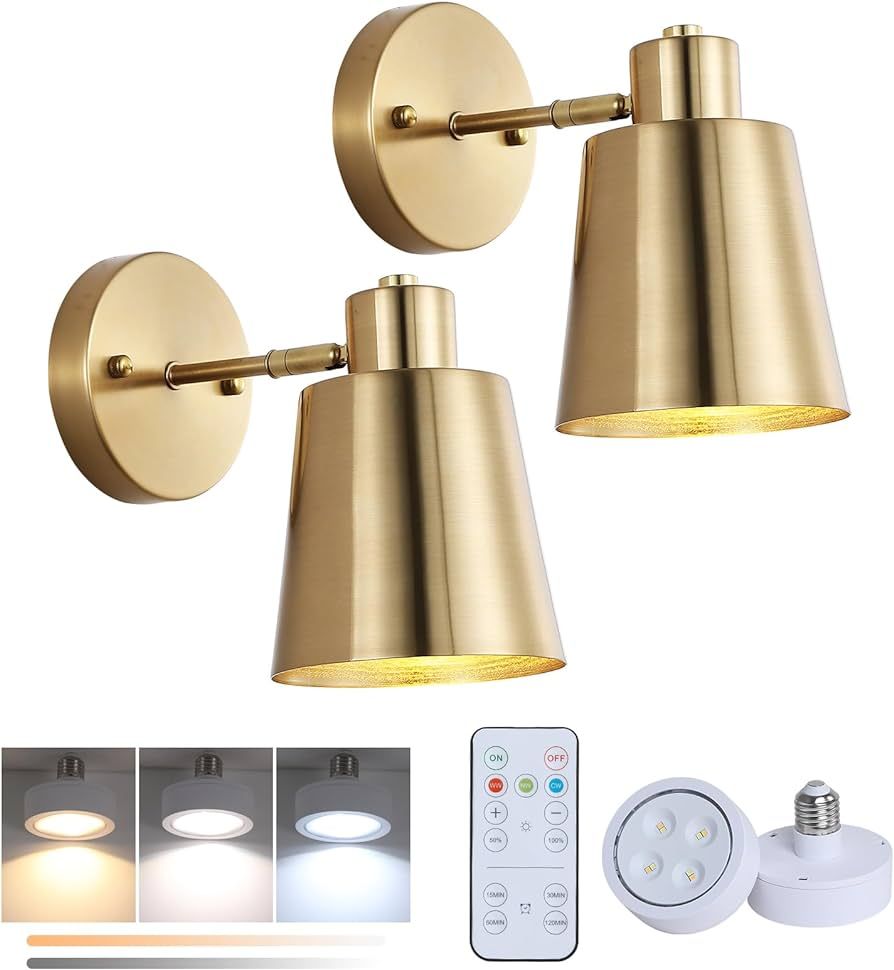 HOTRAN Battery Operated Wall Sconce Set of Two,Gold Modern with Remote Control Dimmable Wall Ligh... | Amazon (US)