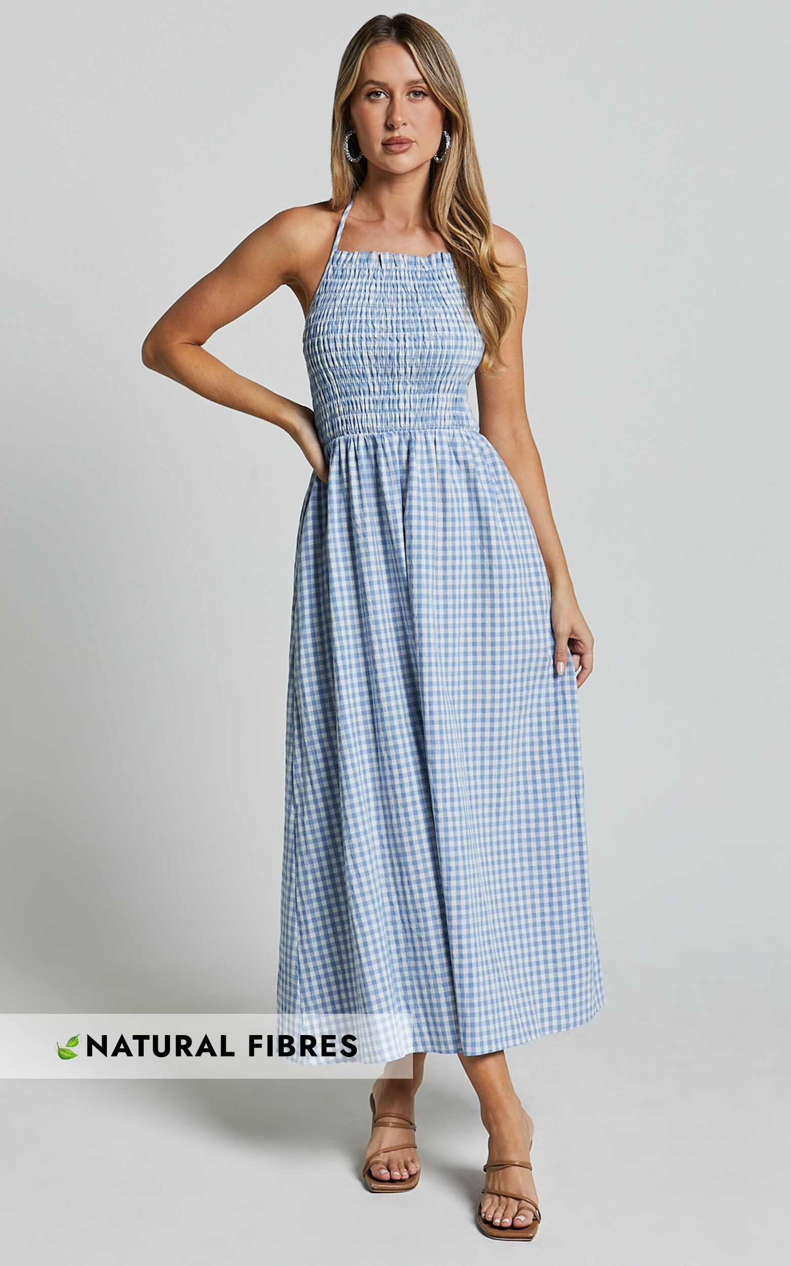 Aimie Midi Dress - Strappy Halter Neck Shirred Top in Blue Gingham Check | Showpo (US, UK & Europe)
