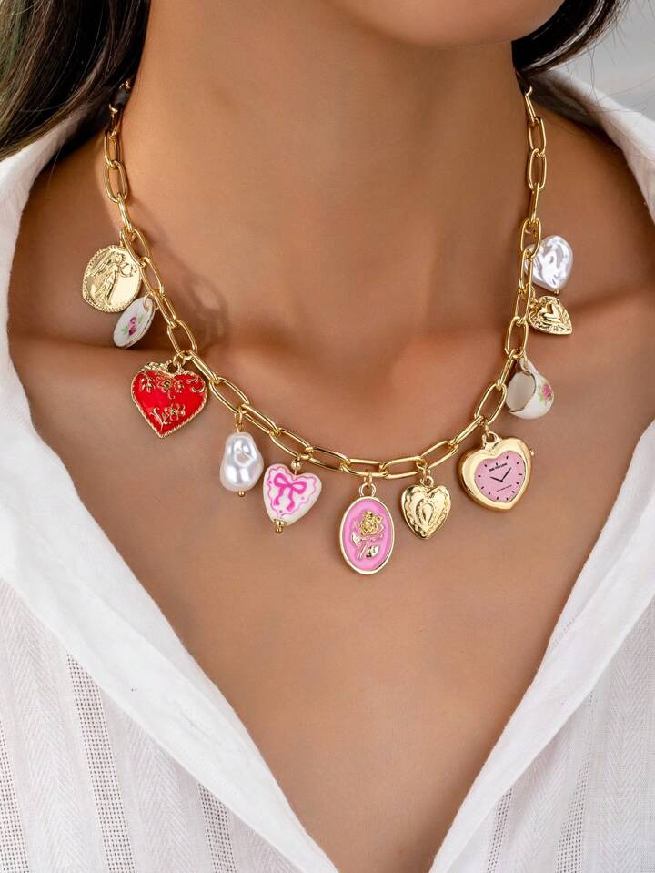 1pc Heart Ceramic Pendant Necklace, Popular Cute Multi Charm Necklace (Ceramic Accessories Handma... | SHEIN