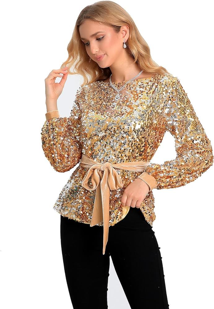 Women's Sequin Tops Long Sleeve with Belt Round Neck Glitter Casual Evening Party Pullover Sparkl... | Amazon (US)