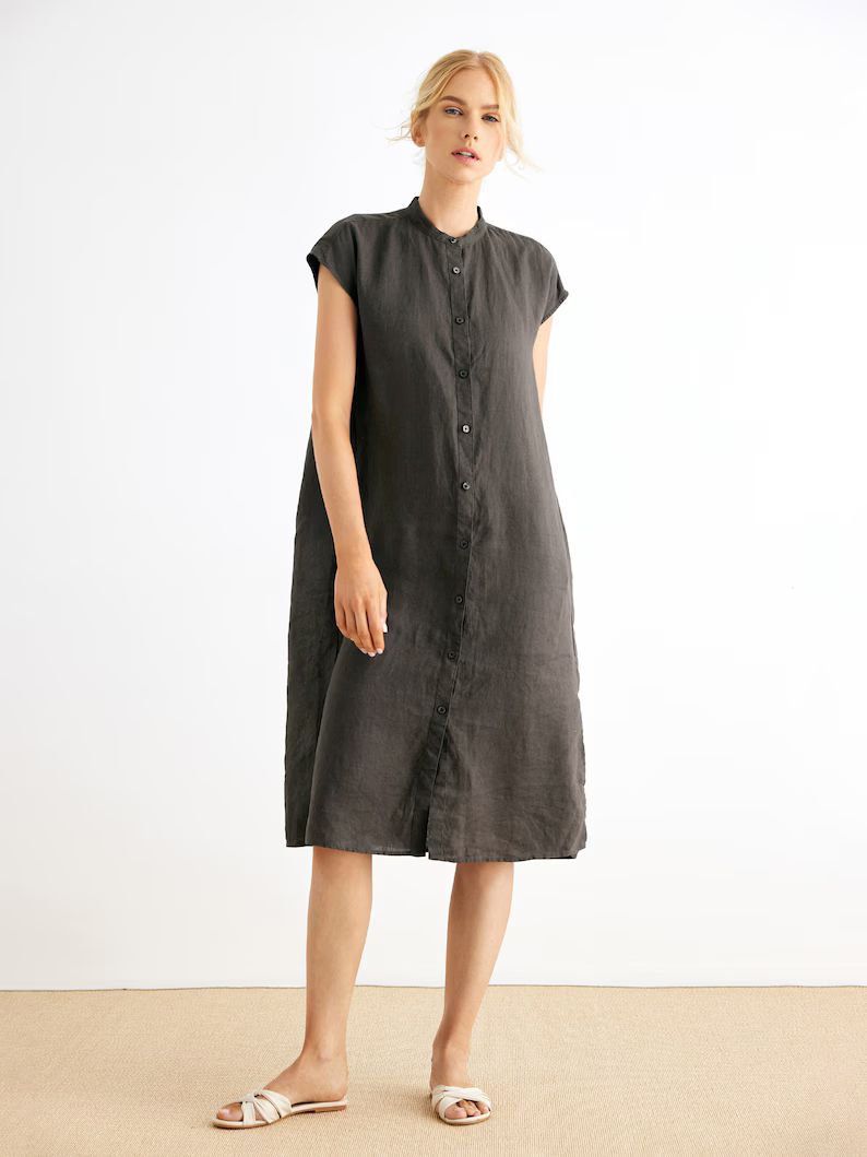 Morgan 100% Linen Cap-Sleeve Button-Front Dress | Etsy (US)