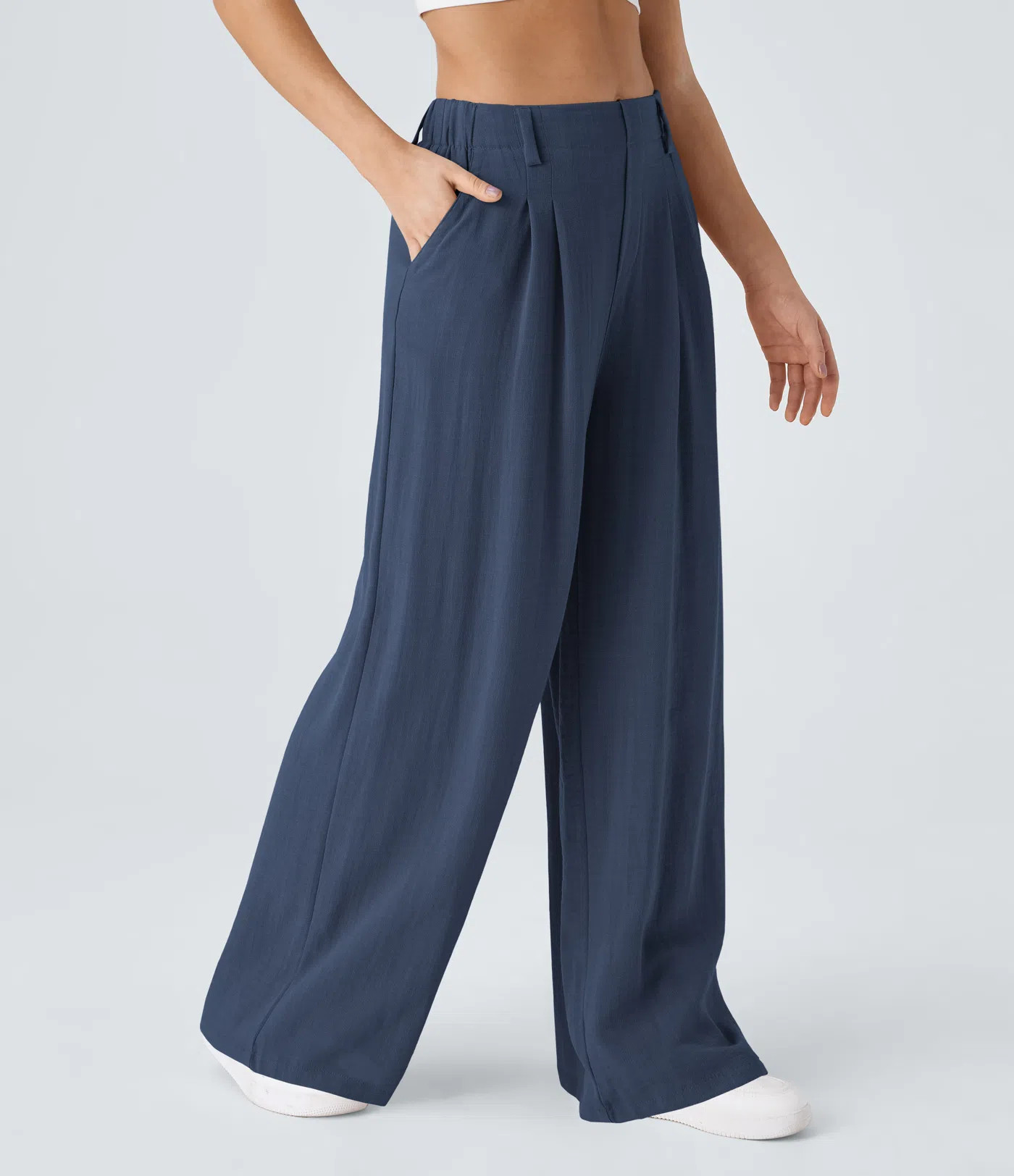 Women’s High Waisted Pocket Wide Leg Flowy Solid Palazzo Casual Linen-Feel Pants - Halara | HALARA