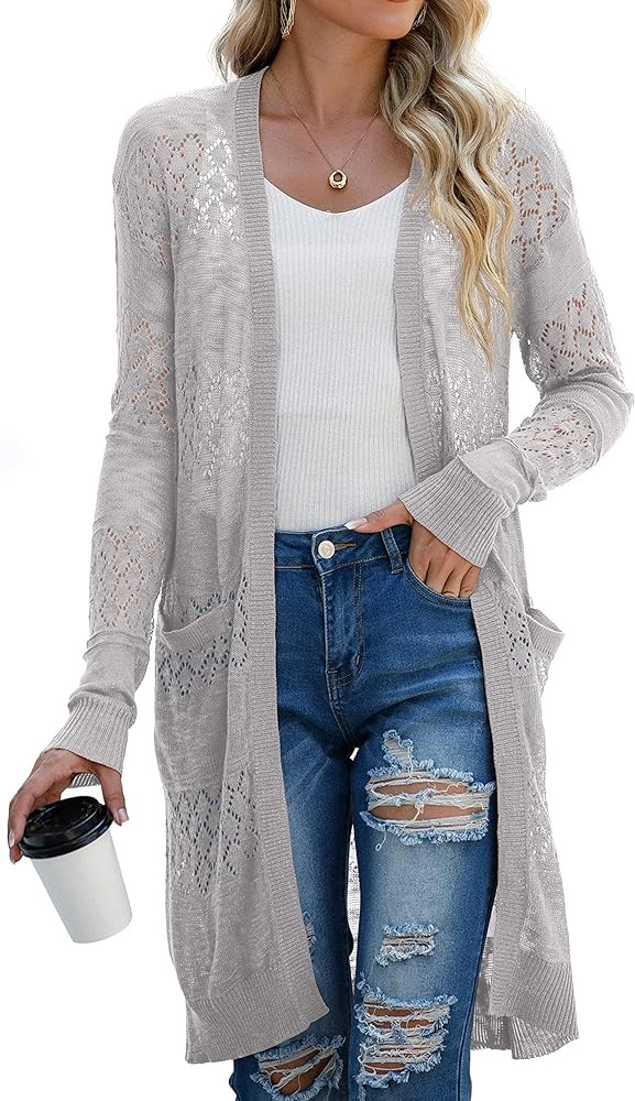 GRECERELLE Womens Lightweight Longer Length Cardigan Long Sleeve Casual Crochet Open-Front Sweate... | Amazon (US)