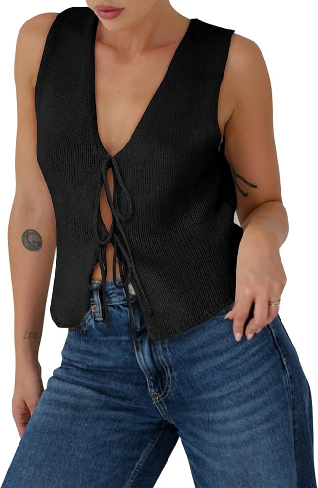 Yousify Womens Sweater Vests Tie Front Knit Vest Summer Ribbed Tank Tops Y2k Cute Vests Fashion C... | Amazon (US)