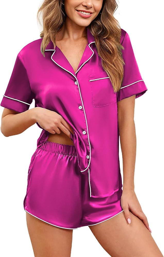 Ekouaer Womens Silk Satin Pajamas Set Short Sleeve Sleepwear Button Down Loungewear 2 Piece Pjs S... | Amazon (US)