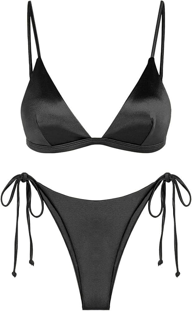 ZAFUL Women's Shiny Silky Bikini Sets Sexy Triangle Two Piece Swimsuit 2024 Tie Side Thong High C... | Amazon (US)