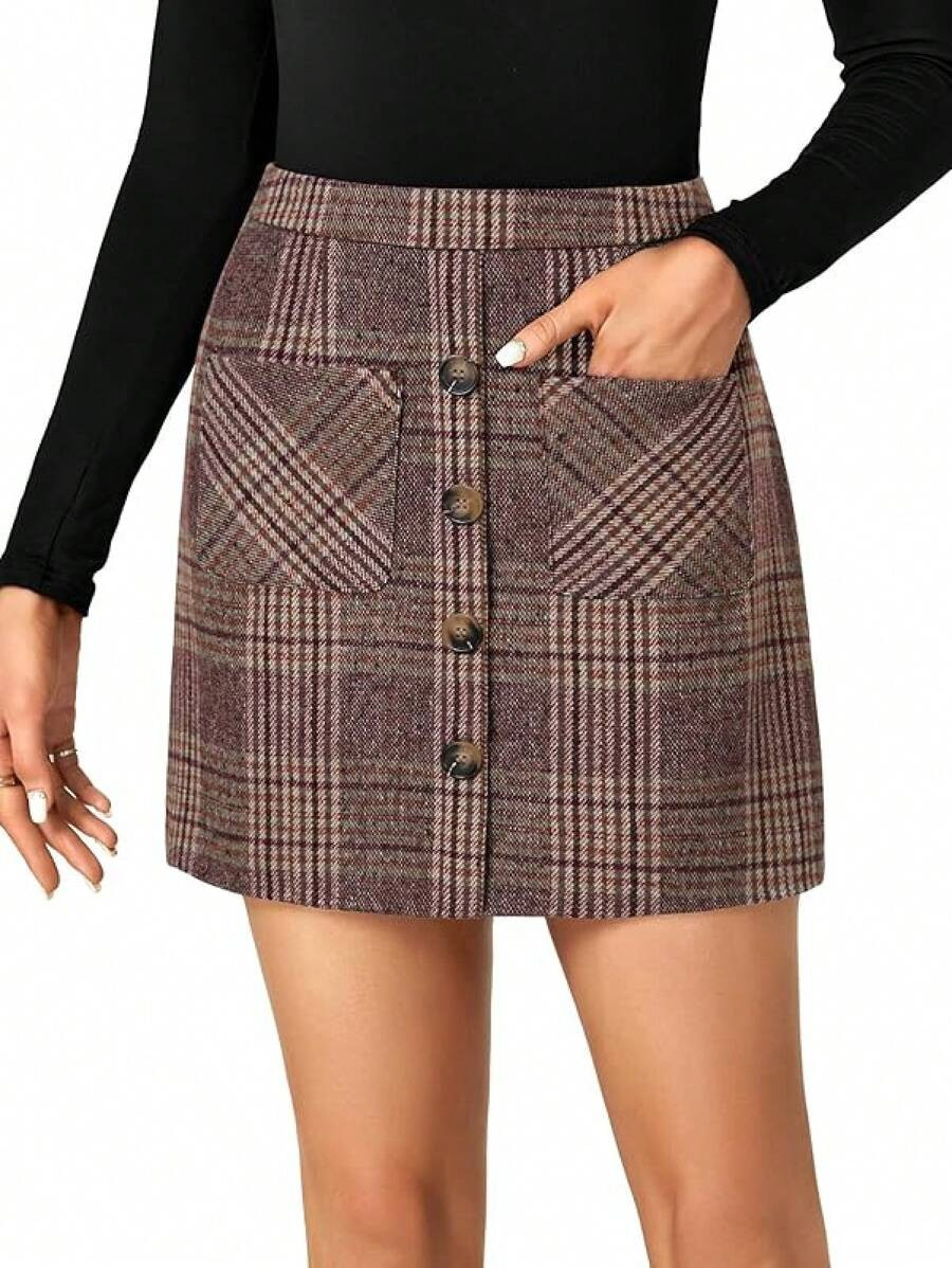 LYANER Women's Fall Winter Plaid Skirt High Waist Button Zipper Bodycon Pencil Short Skirts With ... | SHEIN