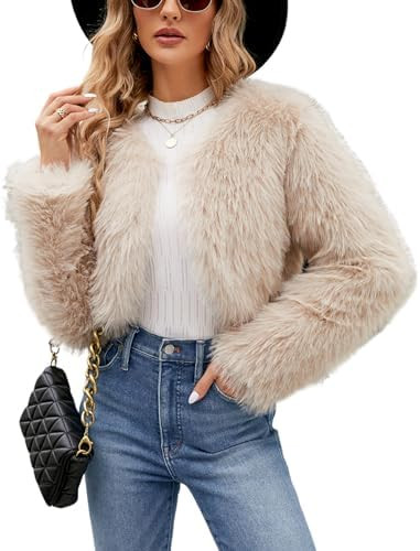 Gihuo Women's Winter Cropped Faux Fur Coat Long Sleeve Open Front Cardigan Fleece Jackets Shaggy ... | Amazon (US)