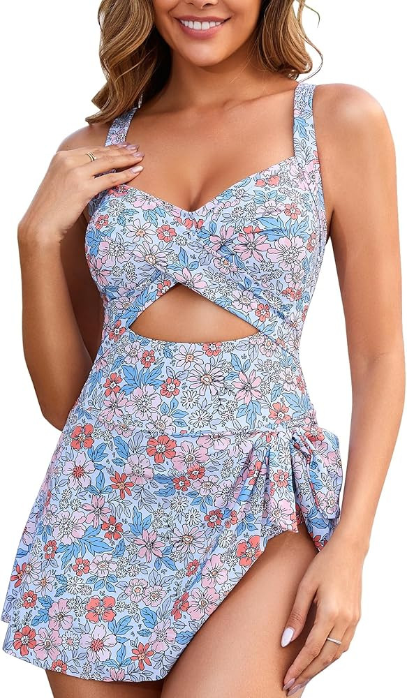 One Piece Swimsuit Women Tummy Control Swim Dress Sexy Criss Cross Tie Back Bathing Suit | Amazon (US)