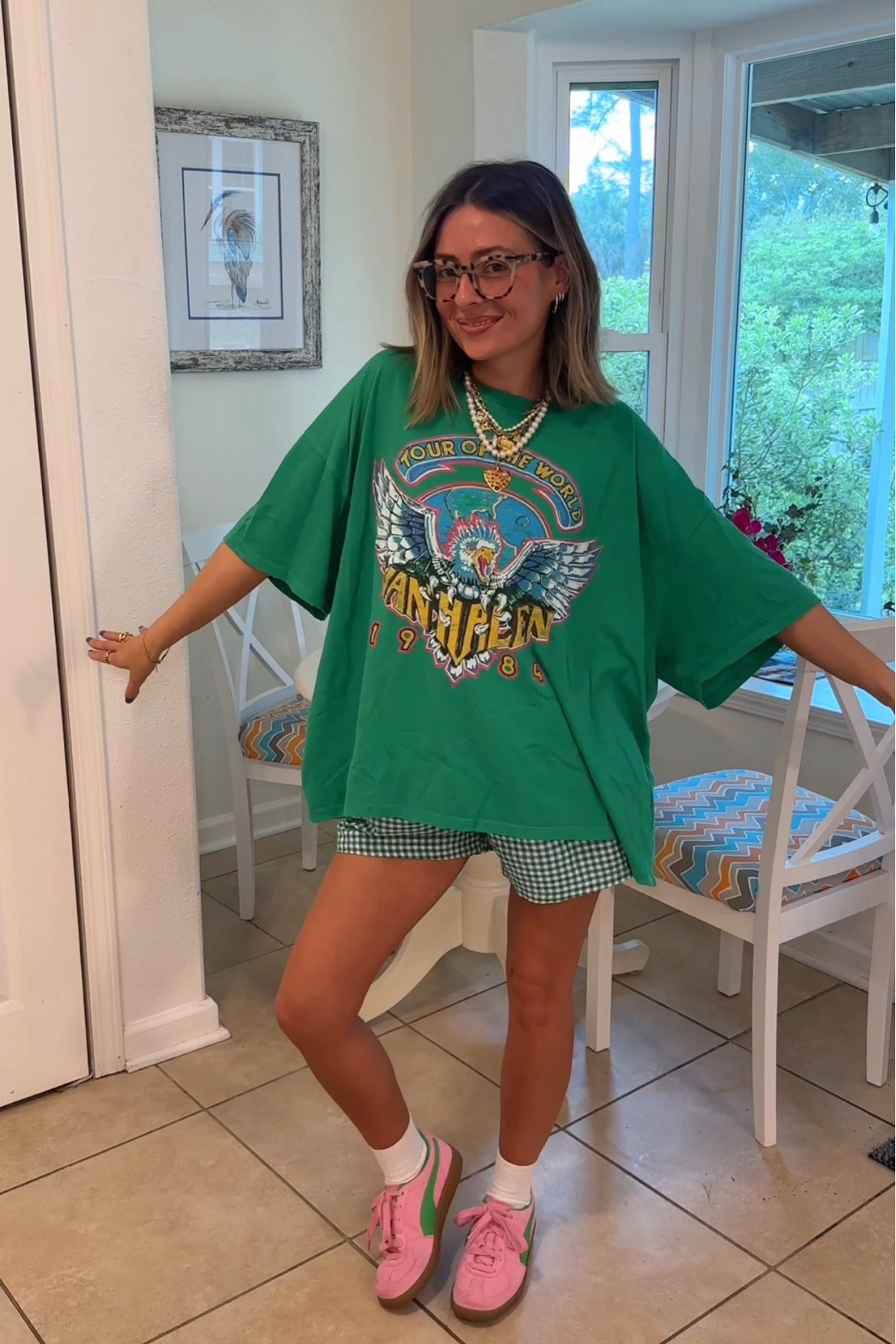 Large in the tee & medium in shorts (size up!)