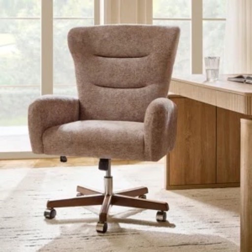 This taupe chenille executive office chair from Wayfair looks so comfy for long desk days. I love the tall wingback shape, cushioned channel back, curved upholstered armrests, adjustable height, and rolling base. Styled with a warm wood desk and neutral area rug, it makes a home office feel extra cozy. It’s included in Wayfair’s Labor Day Deal right now. #WayfairFinds #OfficeChair #HomeOffice #DeskChair