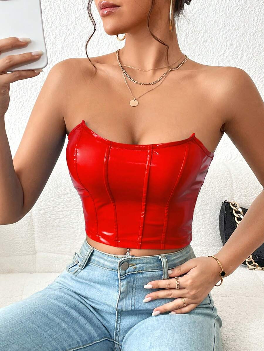 SHEIN Privé Women Corset Solid PU Leather Tube Top | SHEIN