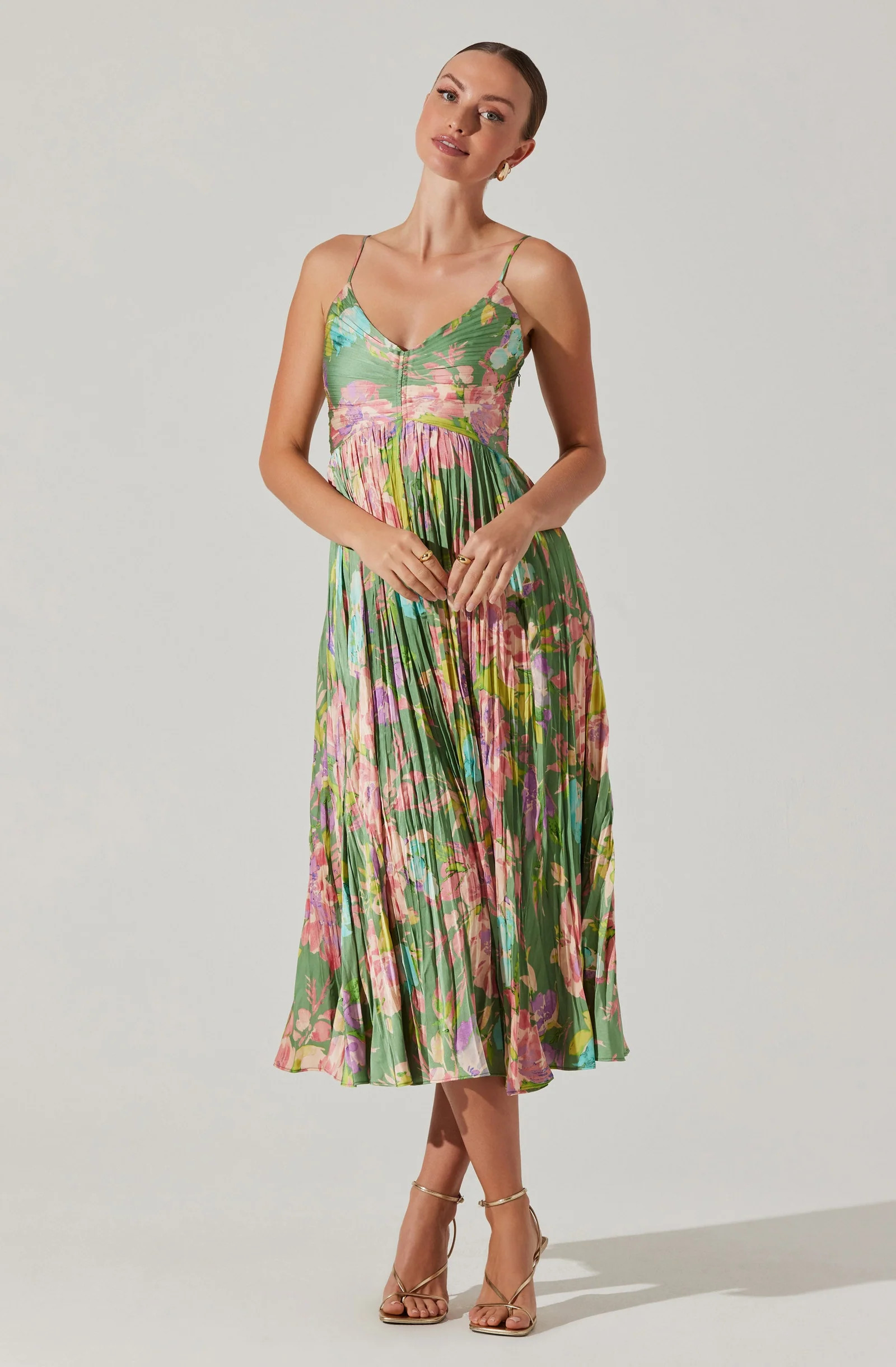 Maeve Pleated Satin Midi Dress - Green pink floral / S | ASTR The Label (US)