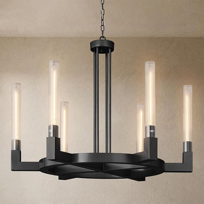 Black 6-Lights Wagon Wheel Chandelier 35'' Farmhouse Chandeliers Chandelier Fixture | Amazon (US)