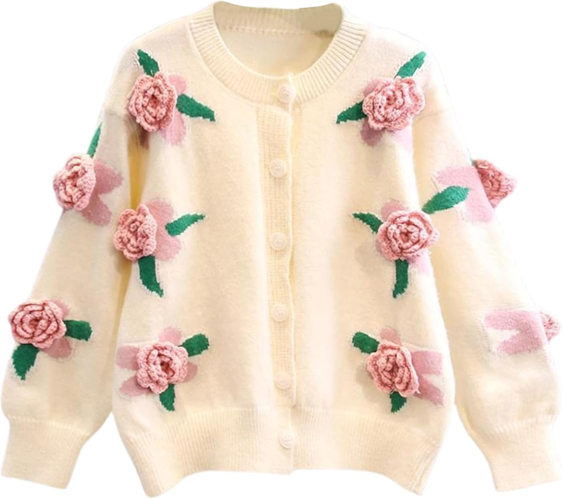 FindThy Women’s Kawaii 3D Floral Cardigan Long Sleeve Crewneck Knit Cardigan Sweaters | Amazon (US)