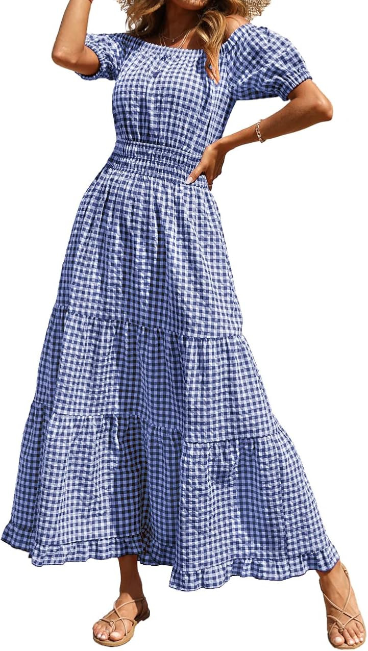 BTFBM Women Casual Short Sleeve Plaid Maxi Dresses Off Shoulder Vintage Dress Square Neck Gingham... | Amazon (US)