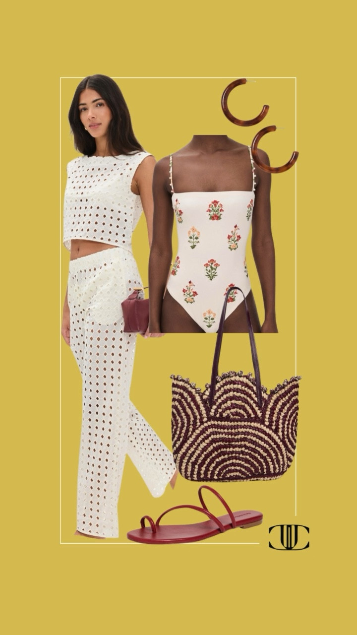 Bathing suit, one piece bathing suit, eyelet top, eyelet pants, sandals, woven tote, bag, hoop earrings, beach outfit, summer outfit, beach, pool outfit

#LTKOver40 #LTKStyleTip #LTKSwim