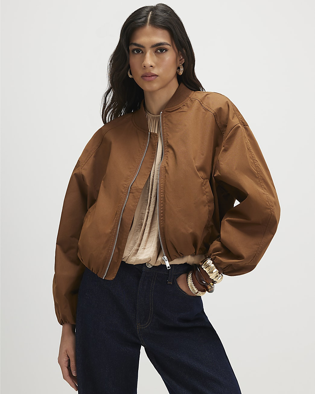 Brown Long Sleeve Bomber Jacket | River Island UK & IE