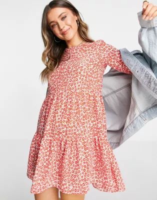 ASOS DESIGN long sleeve tiered smock mini dress in red and white floral print | ASOS (Global)