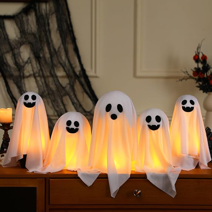 Set of 5 Halloween Ghost Decoration 14" 11" 9" Ghosts Table Centerpieces with LED Candles with Me... | Amazon (US)